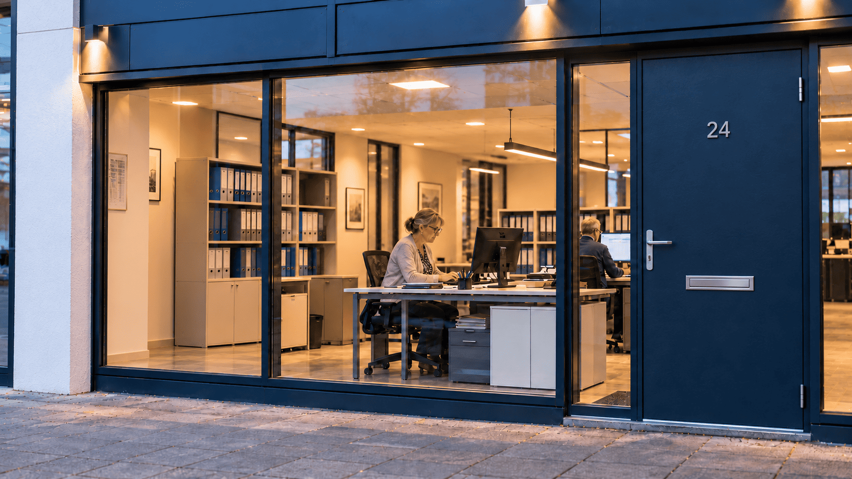 Medewerkers aan het werk in een kantoor, gezien door de ruit bij de entree