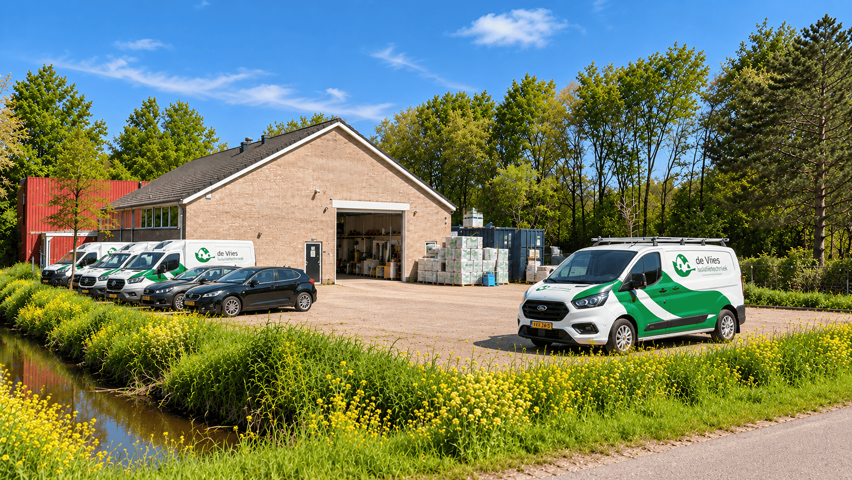 Bedrijfspand met loods en bestelbussen van een isolatiebedrijf