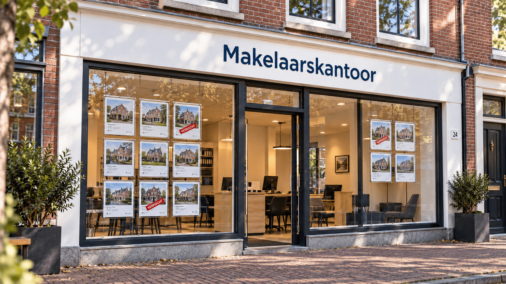 Etalage van een makelaarskantoor met woningaanbod achter het raam