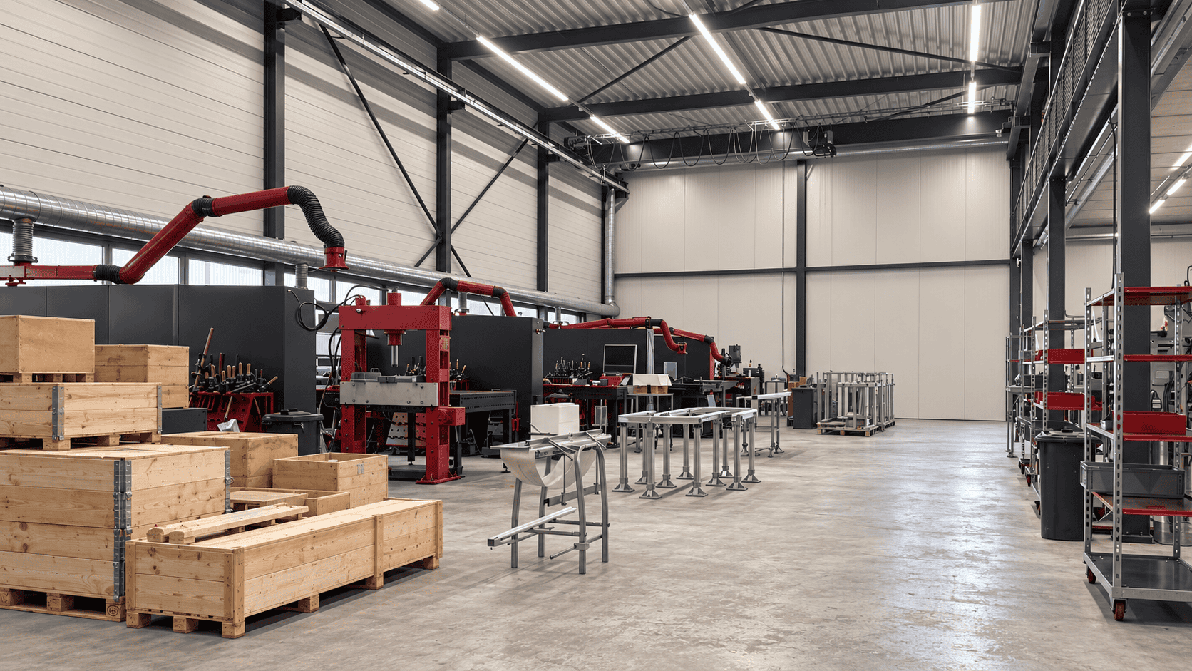 Werkplaats met persen, werkbanken en houten transportkisten