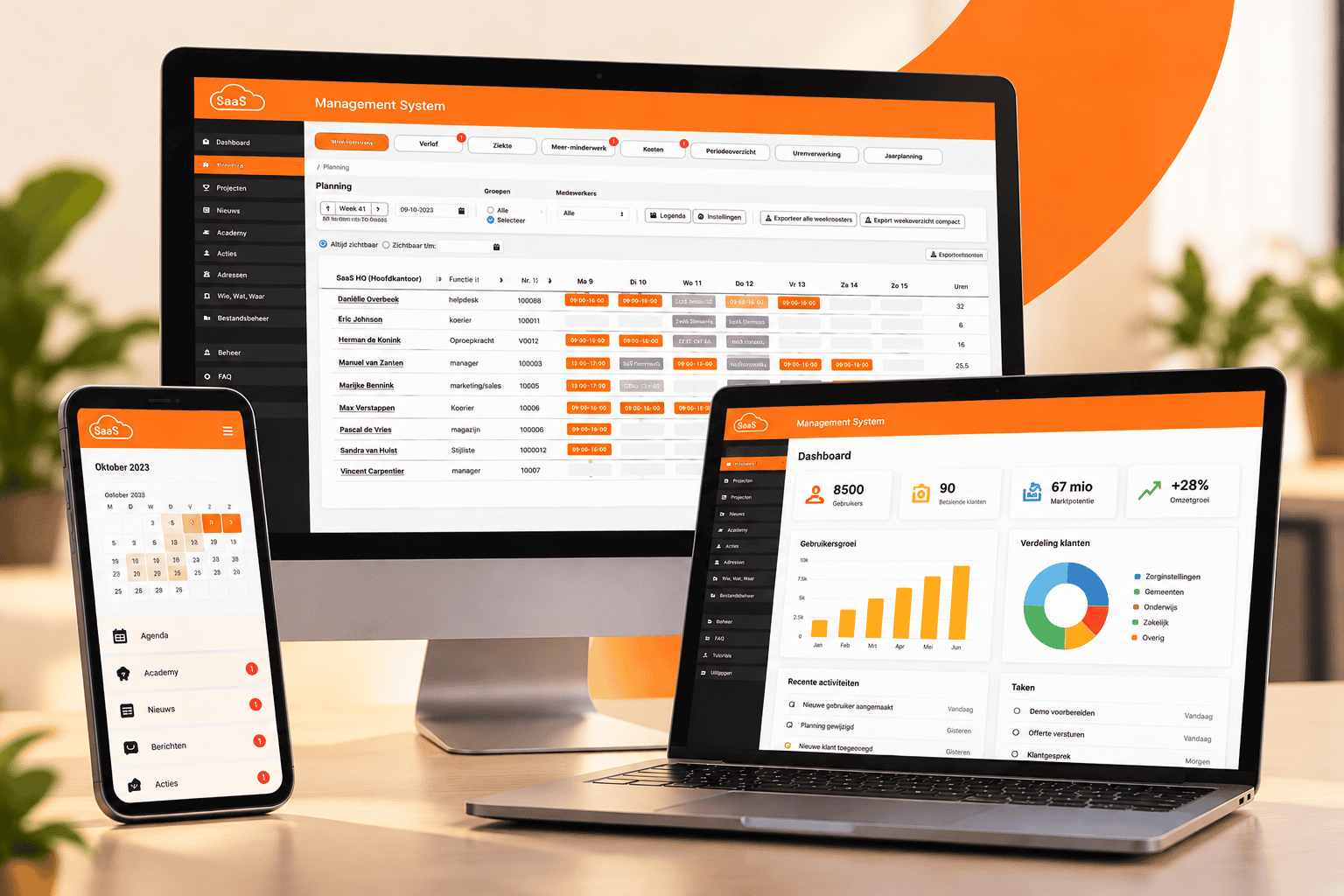 Software voor personeelsplanning op een monitor, laptop en telefoon